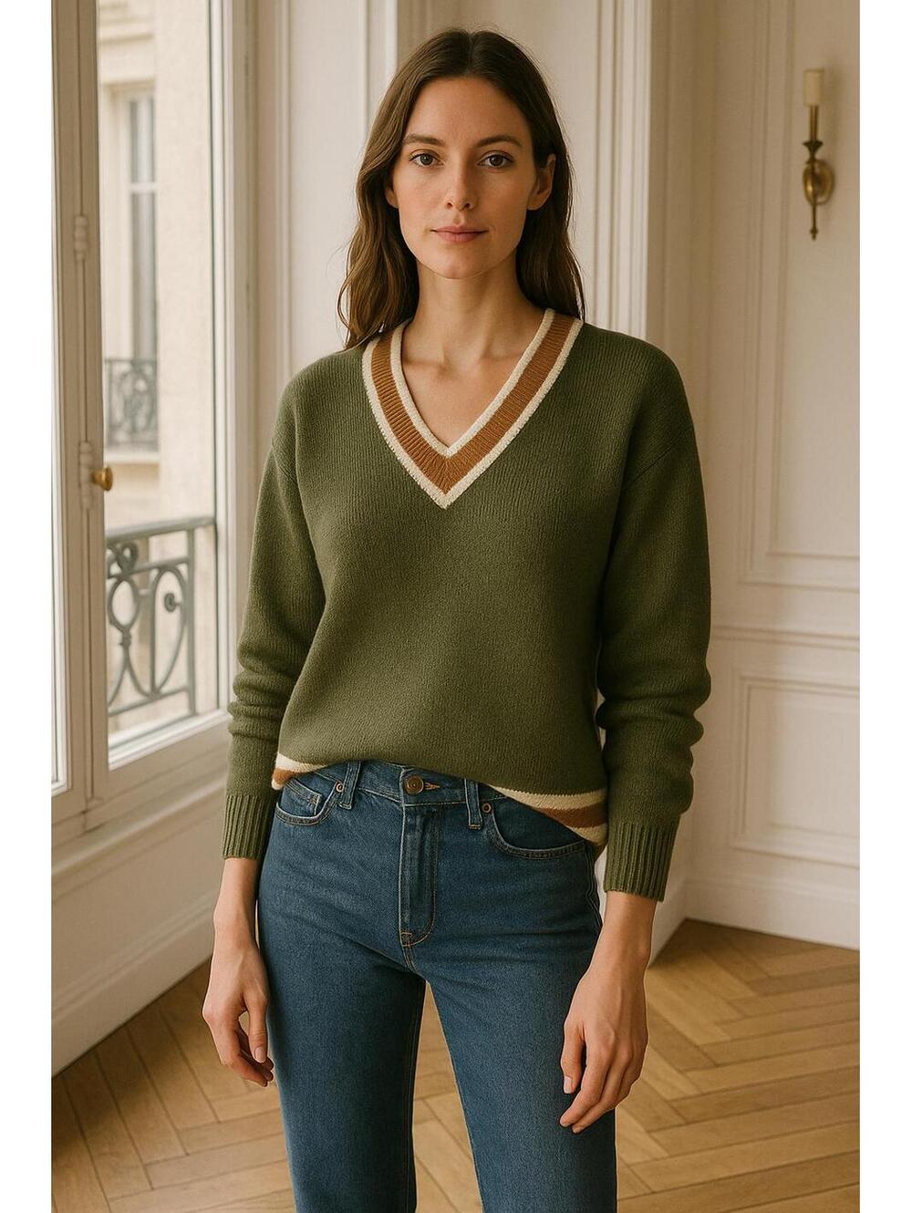 Thick Oversized Sweater with Tri-Color V-Neck